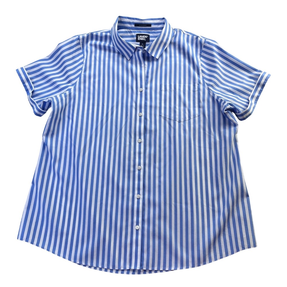 Lands End No Iron Supima Cotton Blue White Striped Button Down Womens L (14-16)